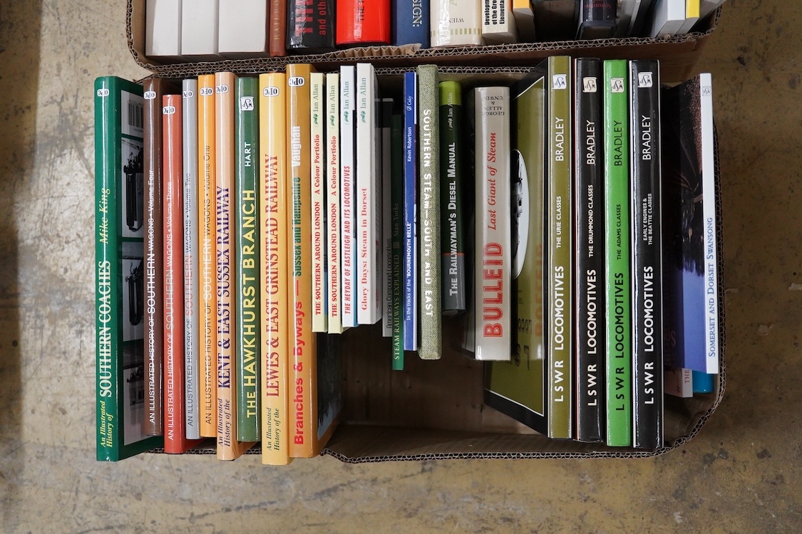 Four boxes of railway and engineering related books, subjects include; Welsh Railways, the Saab-Scania story, steam locomotives, articulated locomotives, LSWR locomotives, the Isle of Man Railway, etc., publishers includ